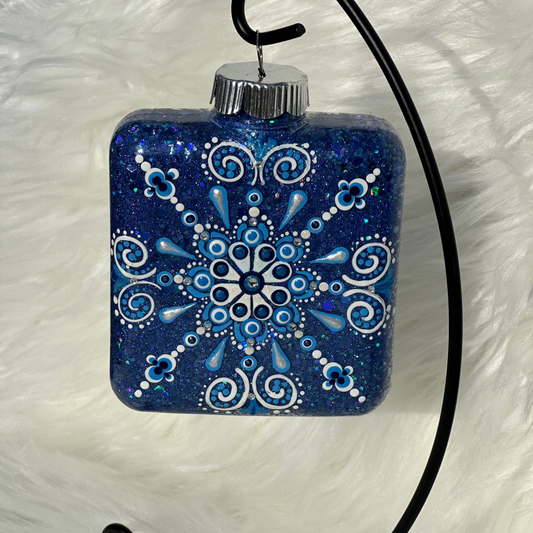Glitter Christmas Ornament - Square - Blues, White, Rhinestones