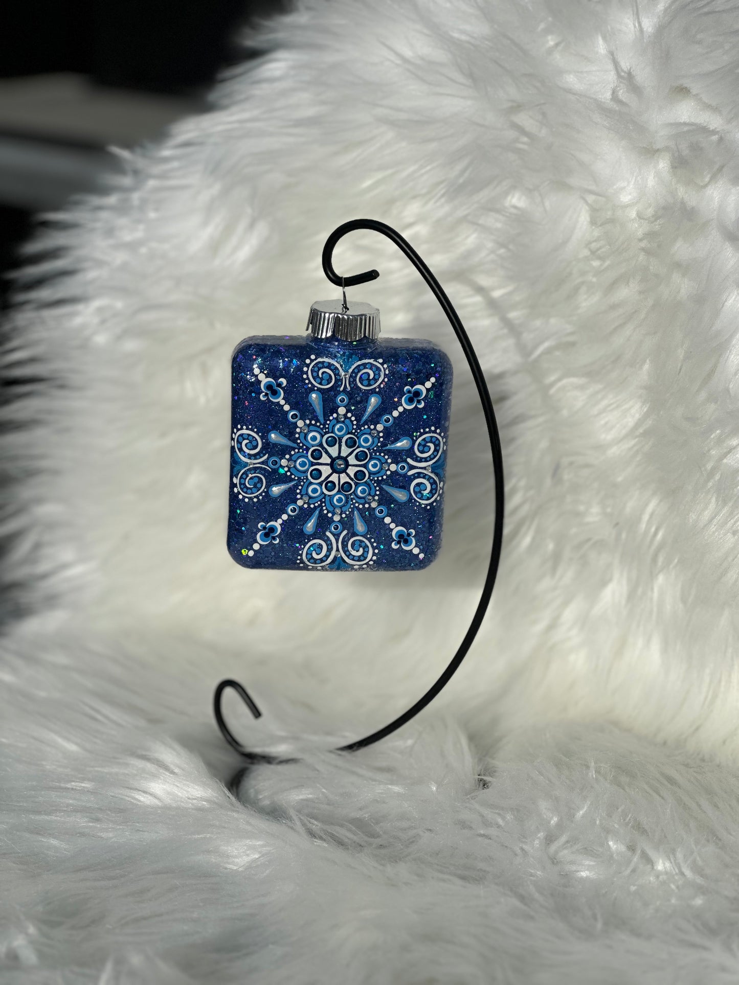 Glitter Christmas Ornament - Square - Blues, White, Rhinestones