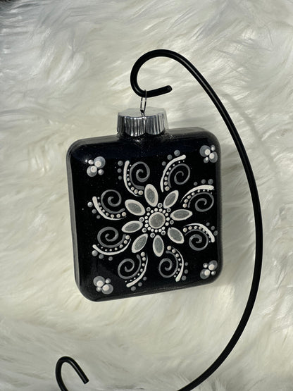 Glitter Christmas Ornament - Square - Black, White, Silver