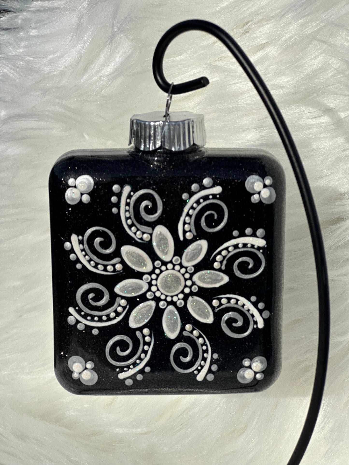 Glitter Christmas Ornament - Square - Black, White, Silver
