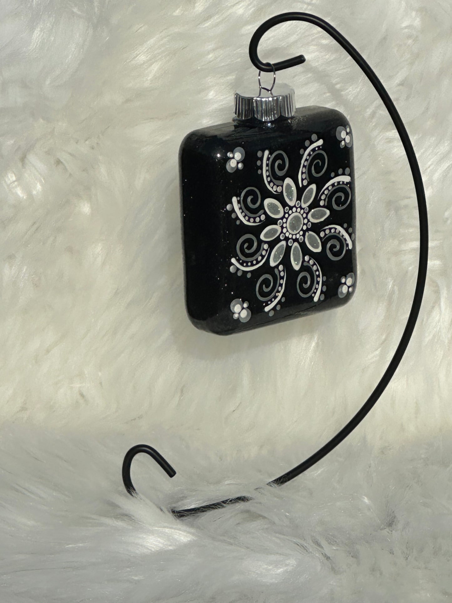 Glitter Christmas Ornament - Square - Black, White, Silver