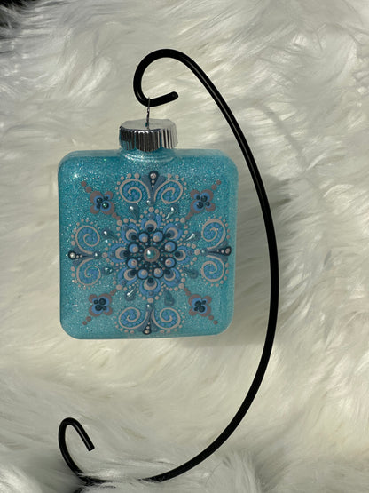 Glitter Christmas Ornament - Square - Blues, White