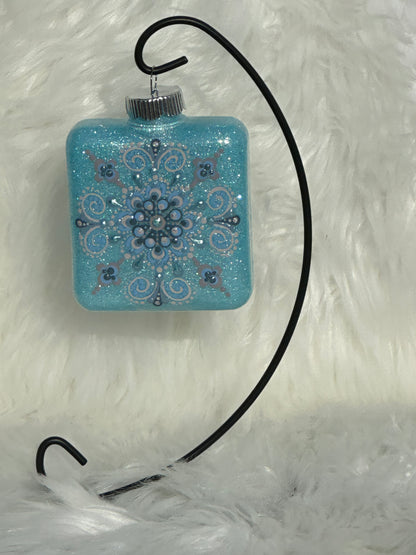 Glitter Christmas Ornament - Square - Blues, White
