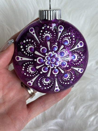 Glitter Christmas Ornament - Disc / Round - Purples, White