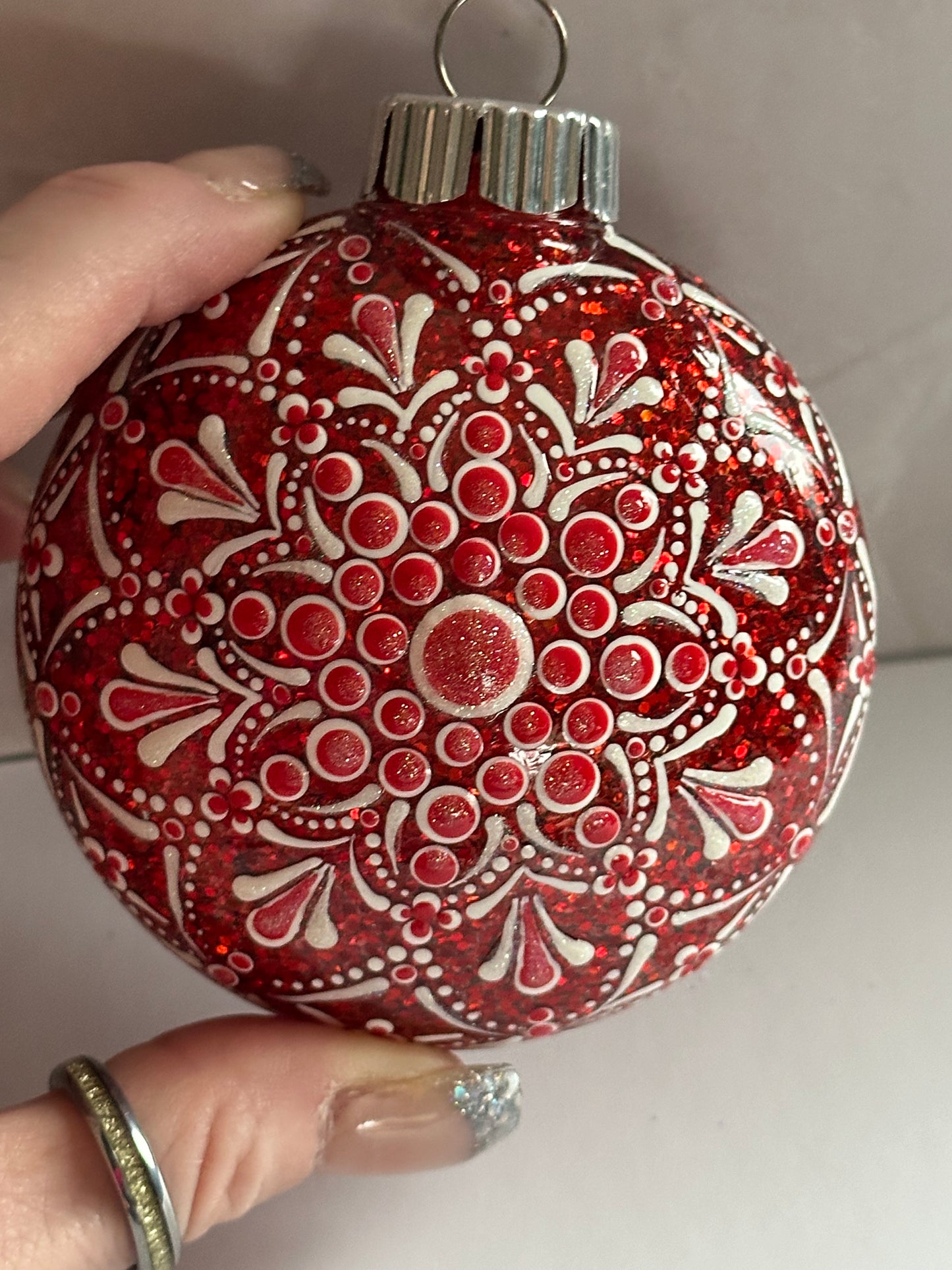 Glitter Christmas Ornament - Disc / Round - Red, White