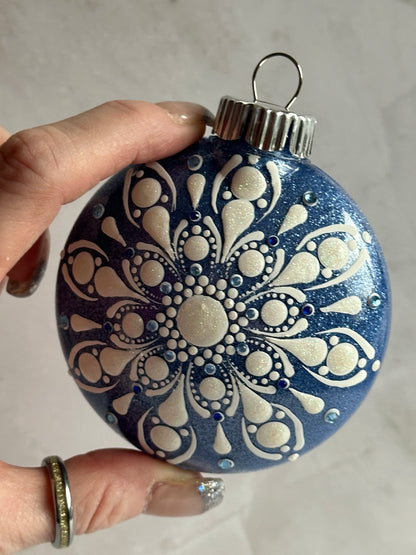 Glitter Christmas Ornament - Disc / Round - Blue, White