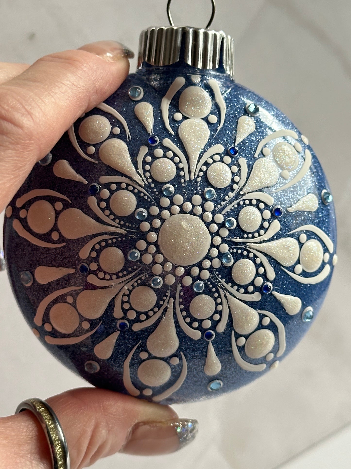 Glitter Christmas Ornament - Disc / Round - Blue, White