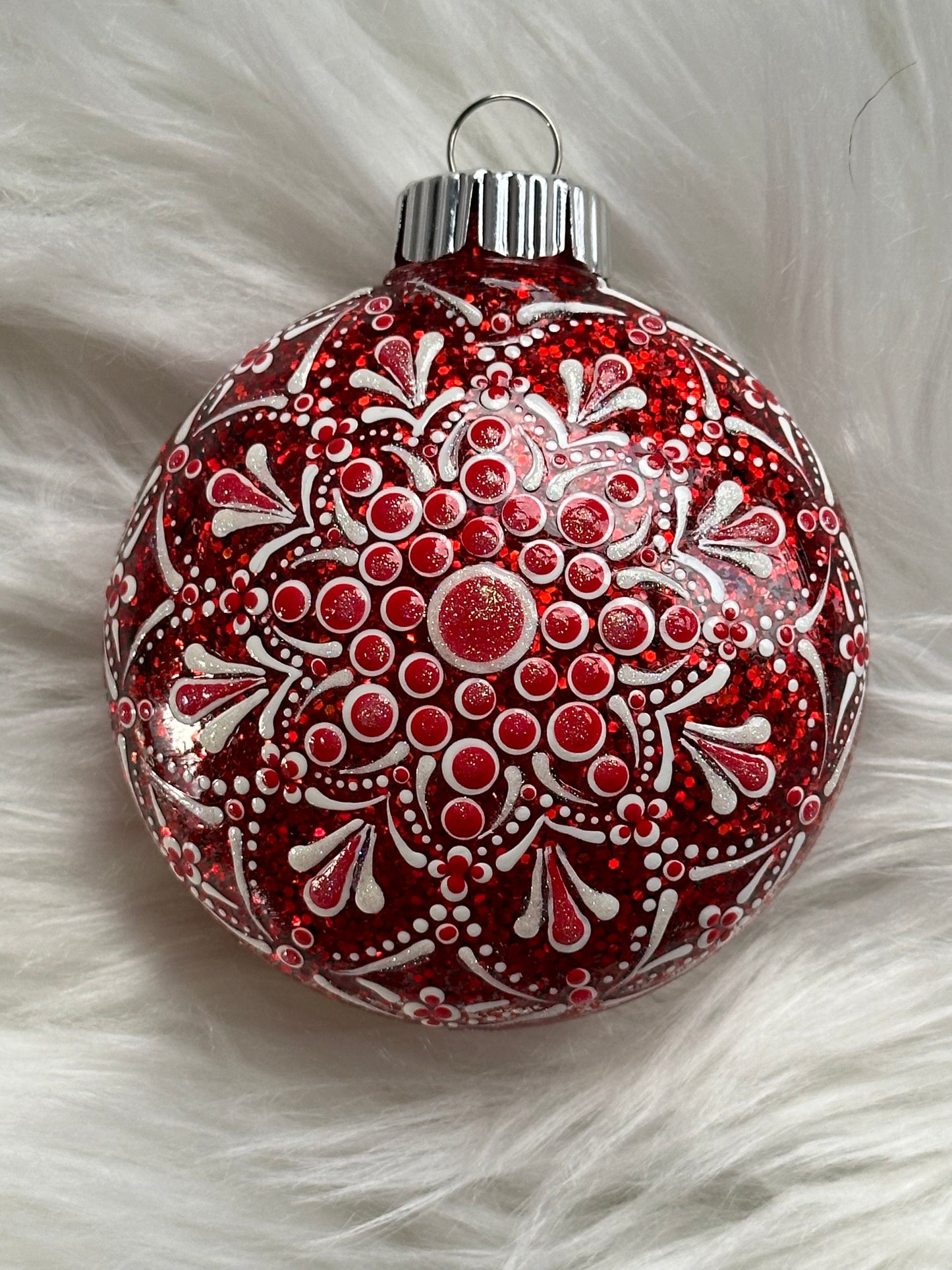 Glitter Christmas Ornament - Disc / Round - Red, White