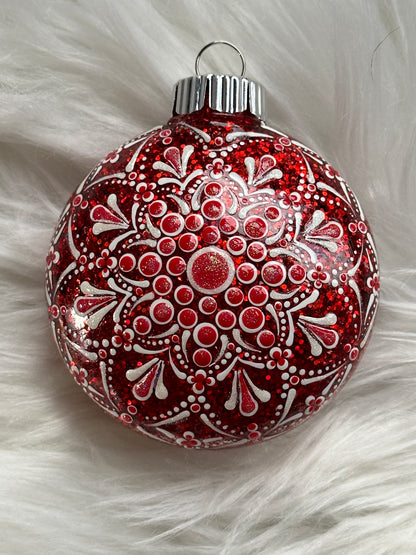 Glitter Christmas Ornament - Disc / Round - Red, White