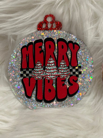 Flat Glitter Christmas Ornament - Round - Silver "Merry Vibes"
