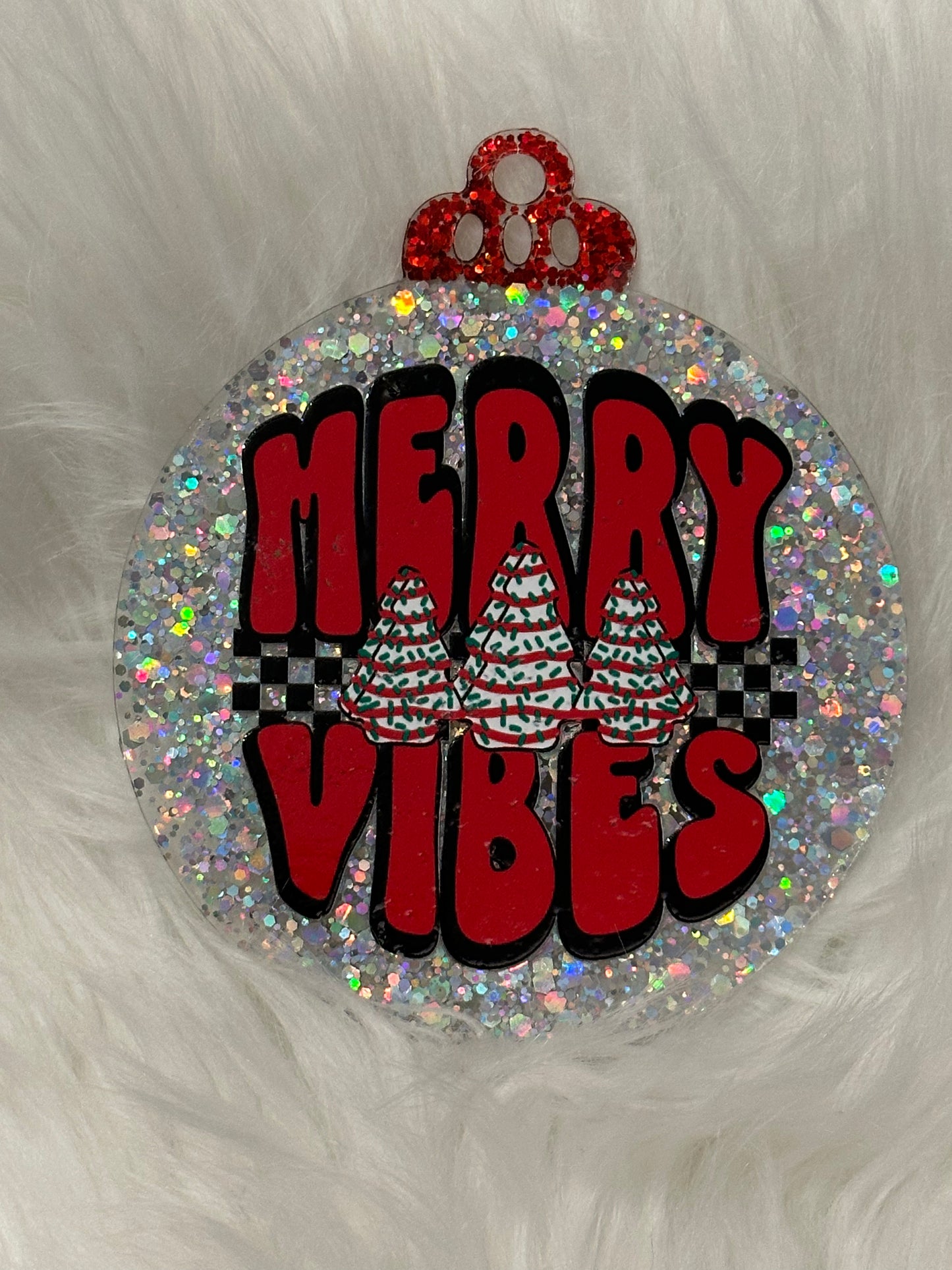 Flat Glitter Christmas Ornament - Round - Silver "Merry Vibes"