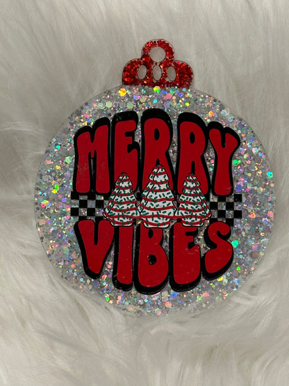 Flat Glitter Christmas Ornament - Round - Silver "Merry Vibes"