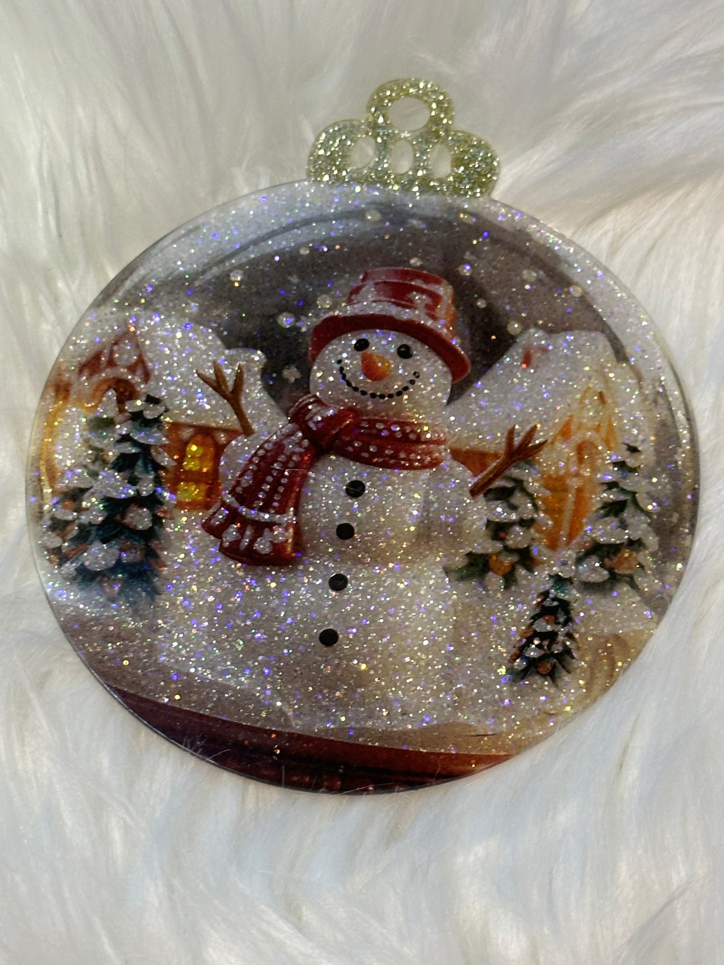 Flat Glitter Christmas Ornament - Round - White - Snowman