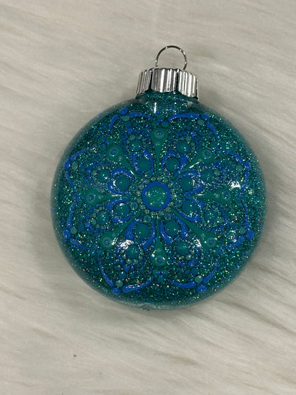Glitter Christmas Ornament - Disc / Round -Turquoise, Blue
