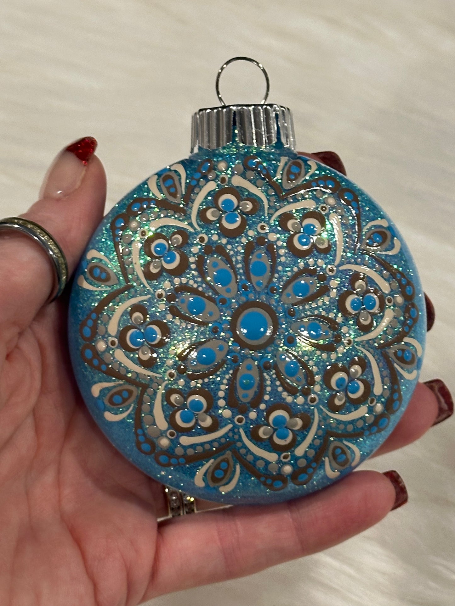 Glitter Christmas Ornament - Disc / Round - Blues, Brown, White