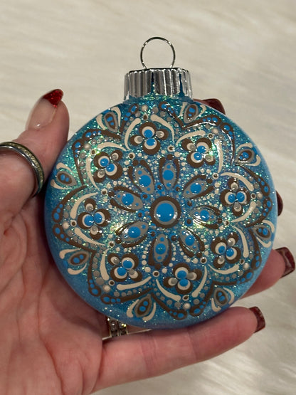Glitter Christmas Ornament - Disc / Round - Blues, Brown, White