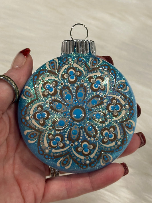 Glitter Christmas Ornament - Disc / Round - Blues, Brown, White
