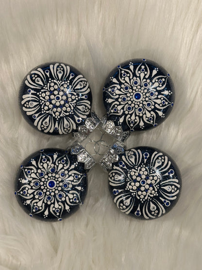 Glitter Christmas Ornament - Disc / Round -Blue, White, Rhinestones