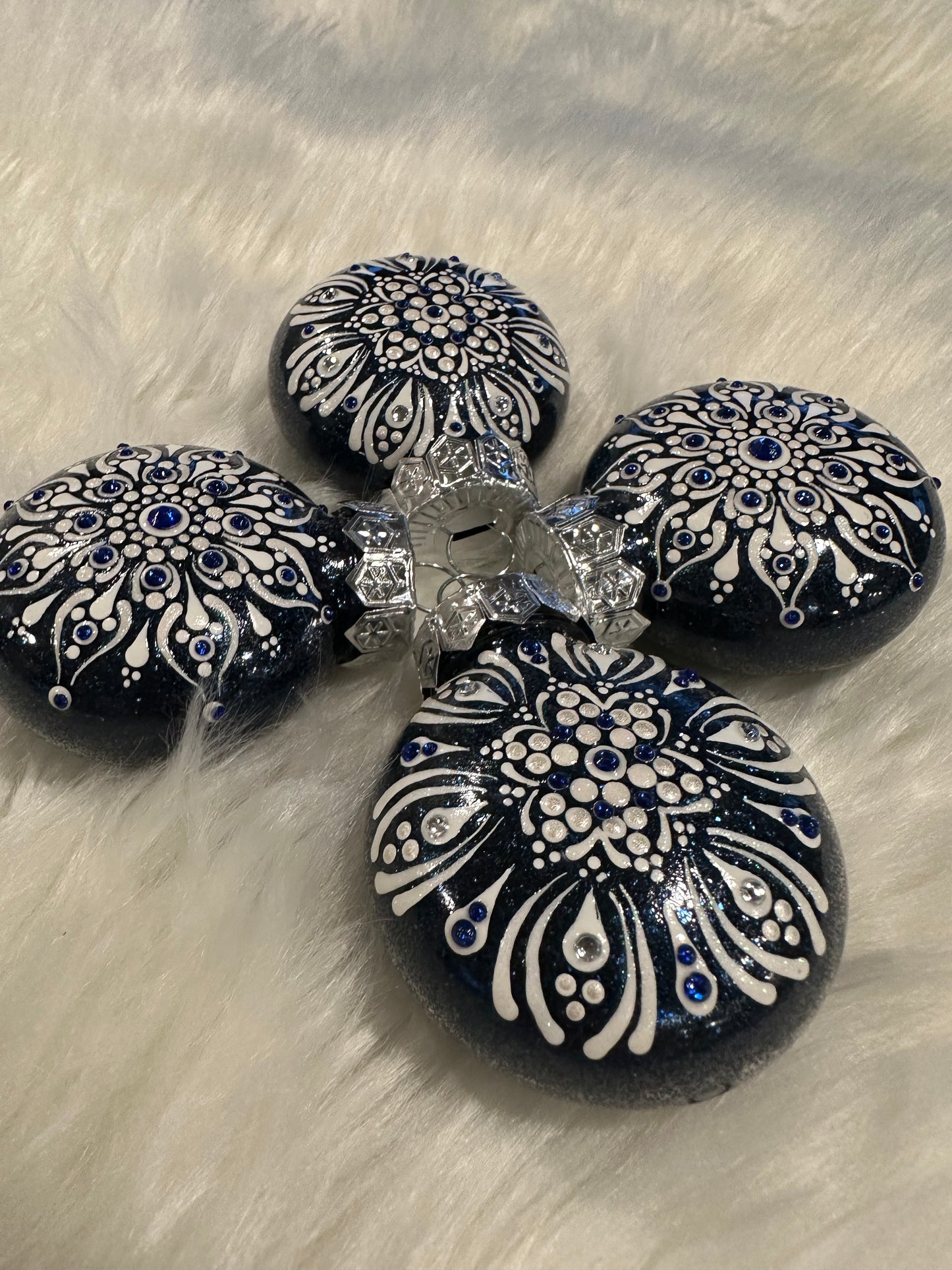 Glitter Christmas Ornament - Disc / Round -Blue, White, Rhinestones