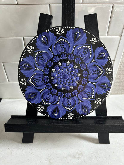 8.5" Wood Round Mandala Painting - Purples And White
