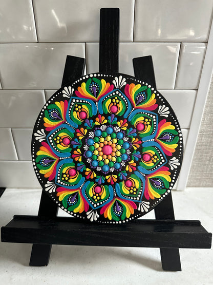 8.5" Wood Round Mandala Painting - Rainbow