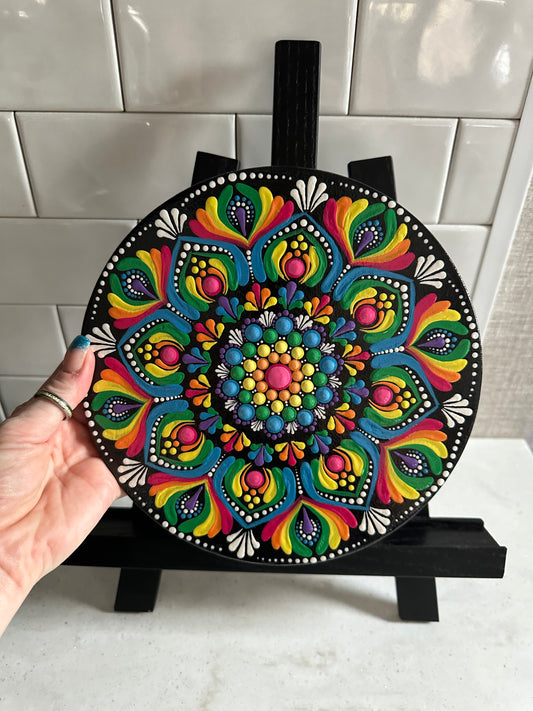 8.5" Wood Round Mandala Painting - Rainbow