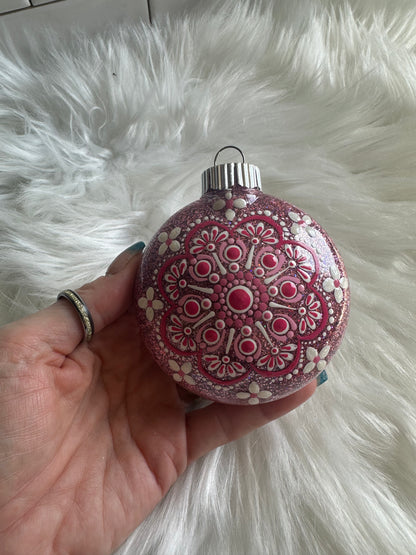 Glitter Christmas Ornament - Disc / Round - Pink and White