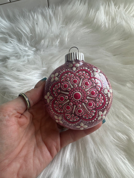 Glitter Christmas Ornament - Disc / Round - Pink and White