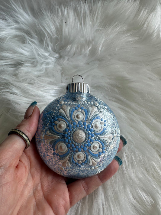 Glitter Christmas Ornament - Disc / Round - Baby Blue, White And Silver