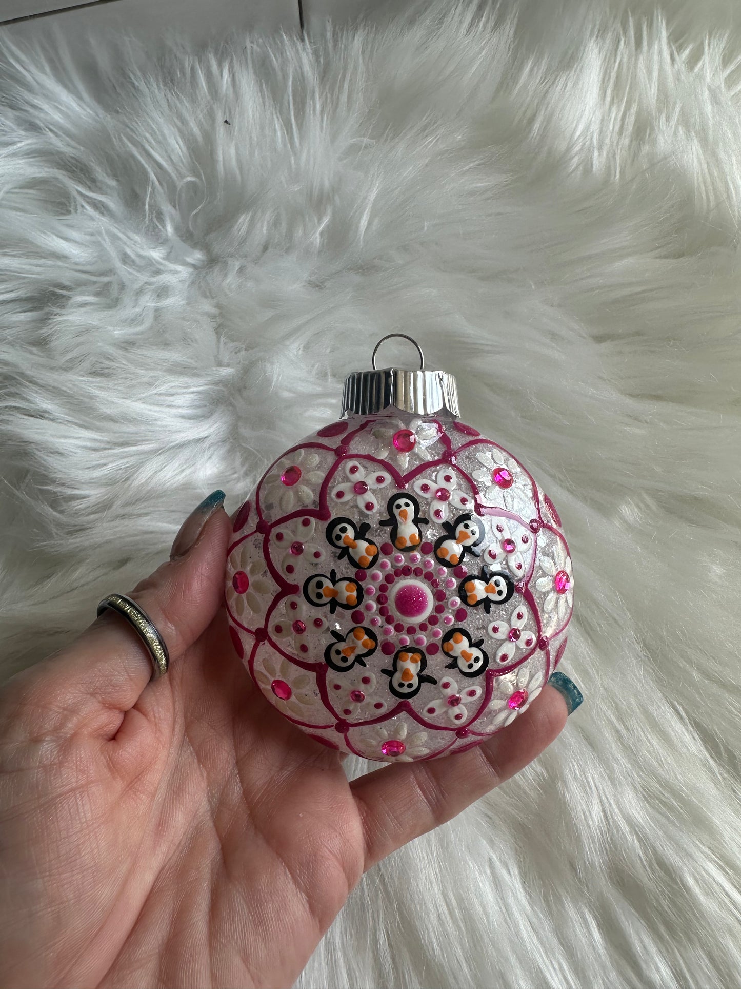 Glitter Christmas Ornament - Disc / Round - White, Pink with Rhinestones and Penguins
