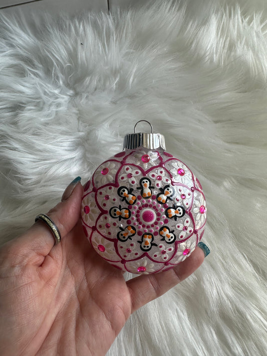 Glitter Christmas Ornament - Disc / Round - White, Pink with Rhinestones and Penguins