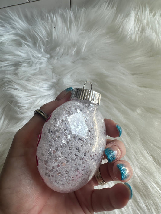 Glitter Christmas Ornament - Disc / Round - White, Pink with Rhinestones and Penguins