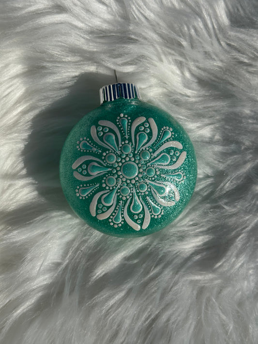 Glitter Christmas Ornament - Disc / Round -Mint Green And White