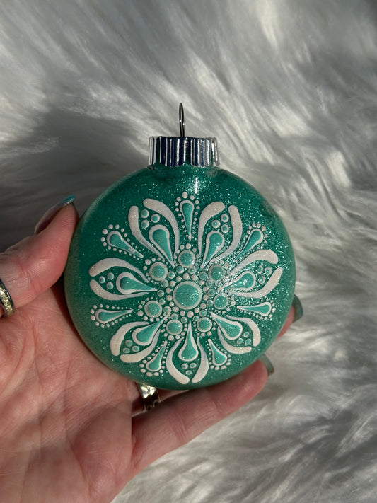 Glitter Christmas Ornament - Disc / Round -Mint Green And White