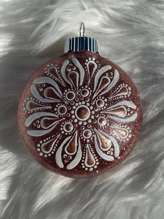 Glitter Christmas Ornament - Disc / Round - Rose Gold And White