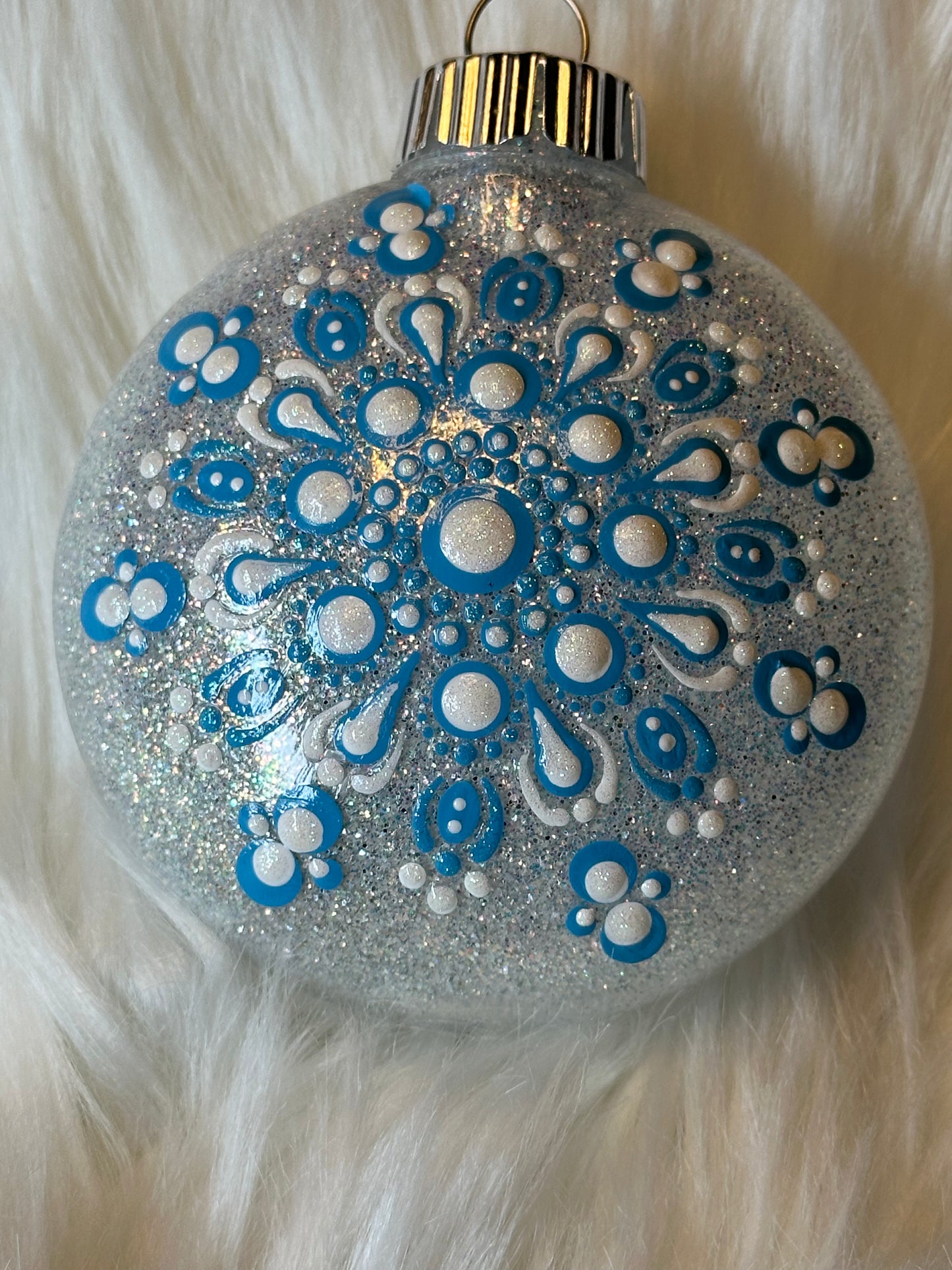 Glitter Christmas Ornament - Disc / Round - White, Light Blue