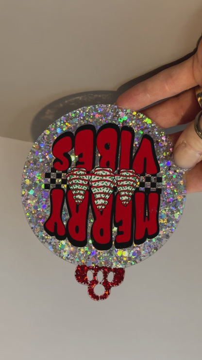 Flat Glitter Christmas Ornament - Round - Silver "Merry Vibes"